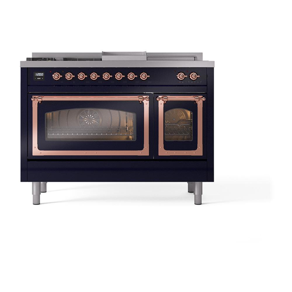 Ilve UN48FSNMPMBPLP Ilve Un48Fsnmpmbplp Nostalgie Ii Noblesse 48" Dual Fuel Range (5 Sealed Burners + Griddle + French Top, Liquid Propane, Triple Glass Door, Midnight Blue, Copper)
