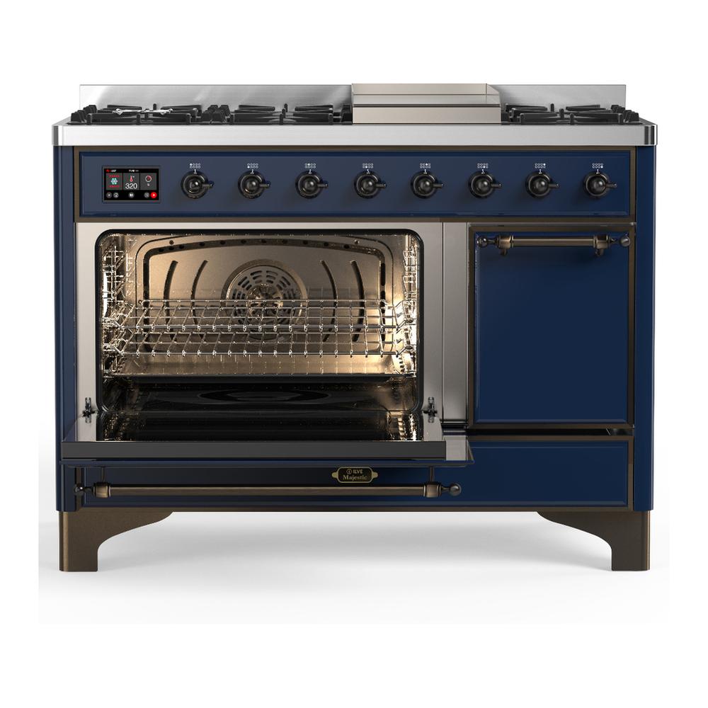 Ilve UM48FQNR3MBB Ilve Um48Fqnr3Mbb Majestic Iii 48 Inch Dual Fuel Range With 8 Burners And Griddle, Dual Function Burner Up To 25,000 Btu (Natural Gas, Solid Door, Midnight Blue, Burnished)