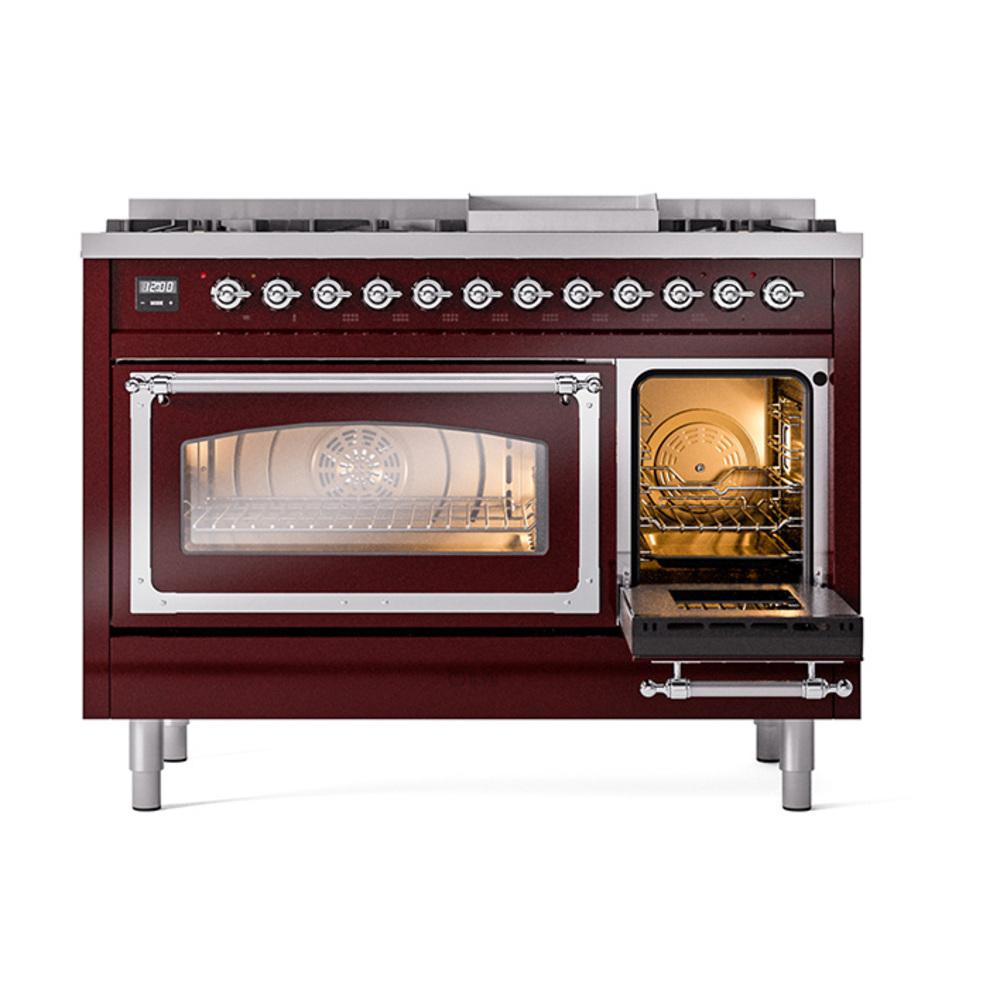 Ilve UN48FNMPBUC Ilve Un48Fnmpbuc Nostalgie Ii Noblesse 48" Dual Fuel Range (8 Sealed Burners + Griddle, Natural Gas, Triple Glass Door, Burgundy, Chrome)