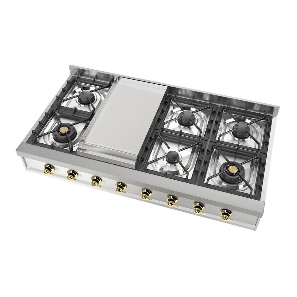 Ilve UHCP48FNSSGLP Ilve Uhcp48Fnssglp Nostalgie Ii 48 Inch Built-In Gas Rangetop With Griddle, In Stainless Steel (Liquid Propane, Brass)