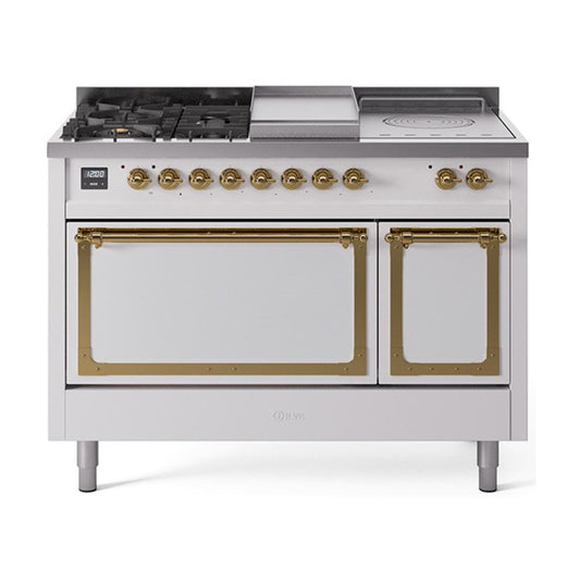 Ilve UN48FSQNMPWHG Ilve Un48Fsqnmpwhg Nostalgie Ii Noblesse 48" Dual Fuel Range (5 Sealed Burners + Griddle + French Top, Natural Gas, Solid Door, White, Brass)