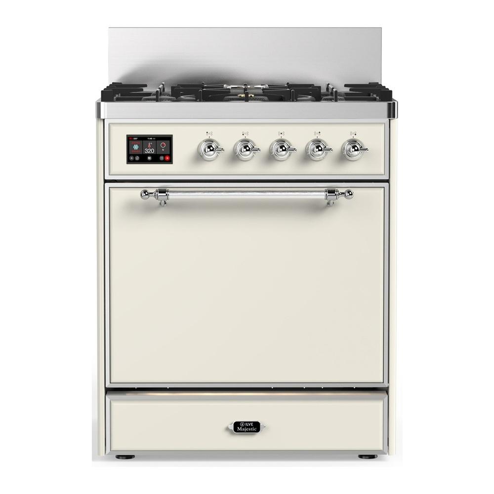 Ilve UM30QNR3AWC Ilve Um30Qnr3Awc Majestic Iii 30 Inch Dual Fuel Range With 5 Black Brass Burners, Dual Function Burner Up To 25,000 Btu (Natural Gas, Solid Door, Antique White, Chrome)
