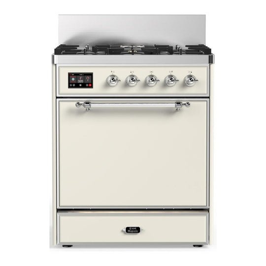 Ilve UM30QNR3AWC Ilve Um30Qnr3Awc Majestic Iii 30 Inch Dual Fuel Range With 5 Black Brass Burners, Dual Function Burner Up To 25,000 Btu (Natural Gas, Solid Door, Antique White, Chrome)