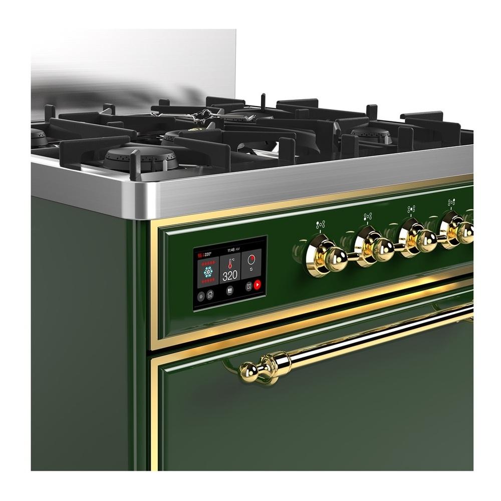 Ilve UM30QNR3EGG Ilve Um30Qnr3Egg Majestic Iii 30 Inch Dual Fuel Range With 5 Black Brass Burners, Dual Function Burner Up To 25,000 Btu (Natural Gas, Solid Door, Emerald Green, Brass)