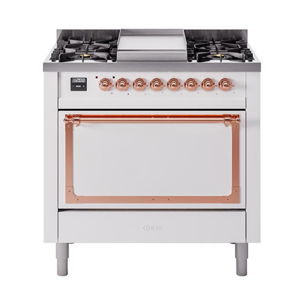 Ilve UN36FQNMPWHP Ilve Un36Fqnmpwhp Nostalgie Ii Noblesse 36" Dual Fuel Range (Natural Gas, Solid Door, White, Copper)