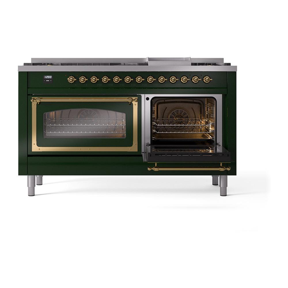 Ilve UN60FNMPEGG Ilve Un60Fnmpegg Nostalgie Ii Noblesse 60" Dual Fuel Range (9 Sealed Burners + Griddle, Natural Gas, Triple Glass Door, Emerald Green, Brass)