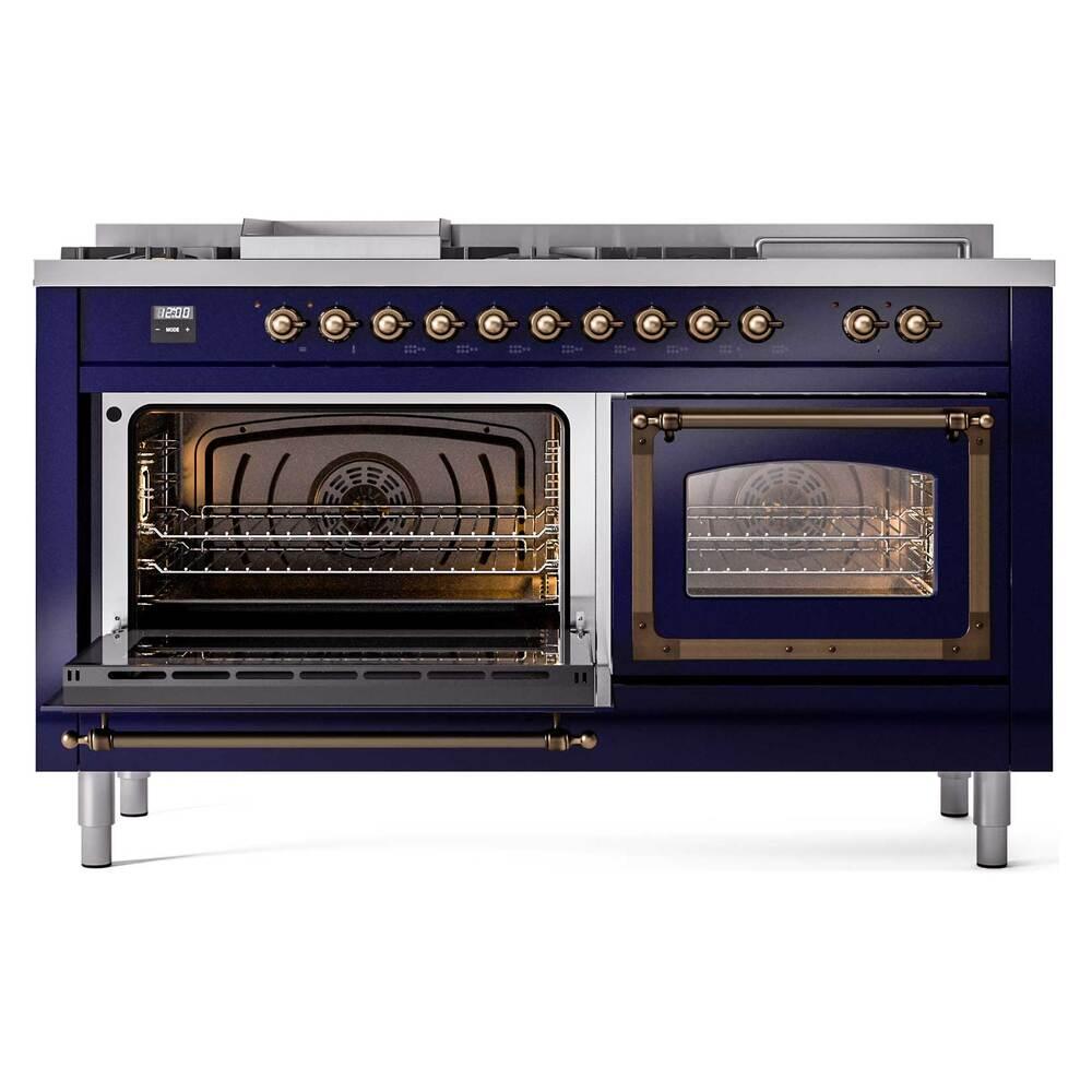 Ilve UN60FSNMPMBB Ilve Un60Fsnmpmbb Nostalgie Ii Noblesse 60" Dual Fuel Range (7 Sealed Burners + Griddle + French Top, Natural Gas, Triple Glass Door, Midnight Blue, Burnished)