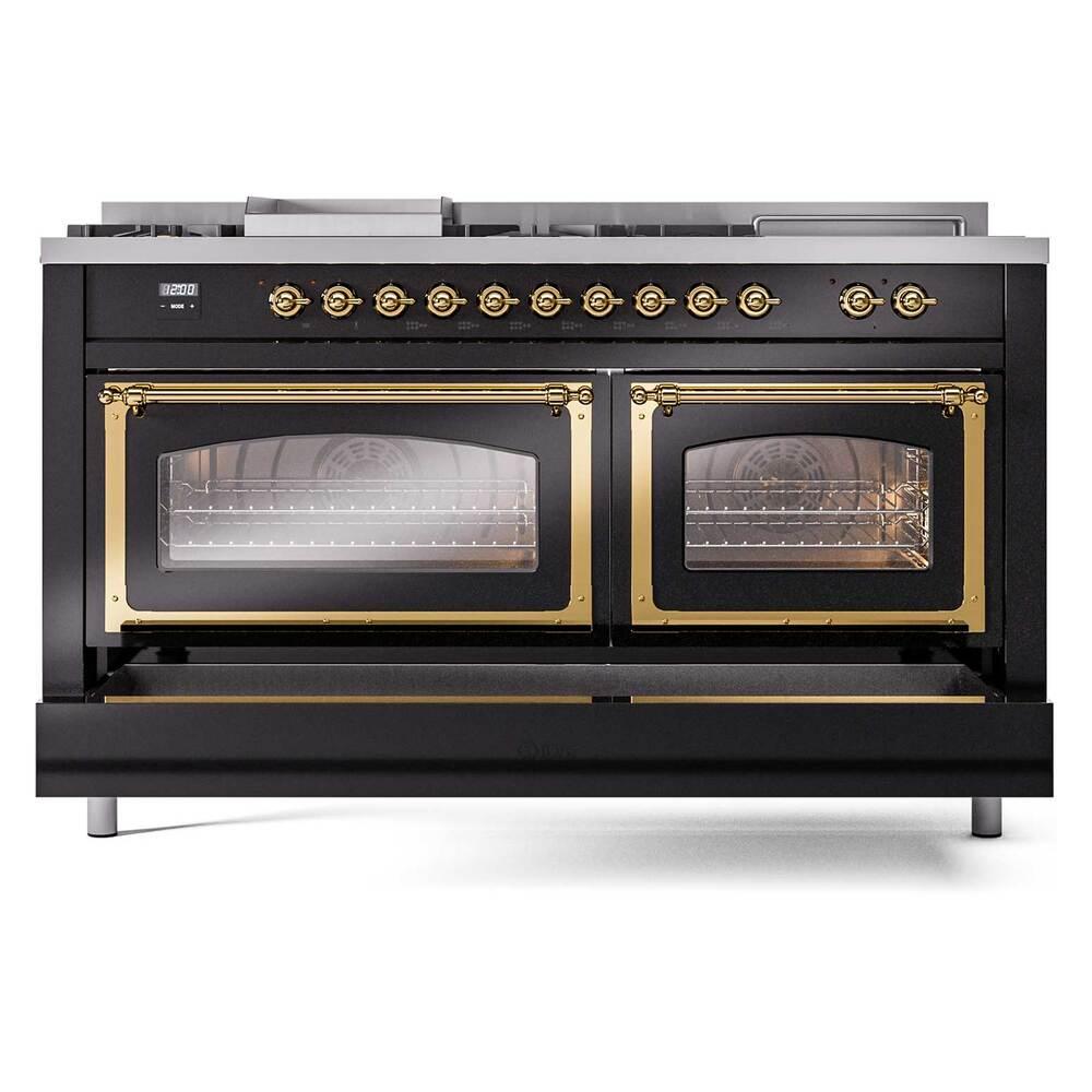 Ilve UN60FSNMPBKGLP Ilve Un60Fsnmpbkglp Nostalgie Ii Noblesse 60" Dual Fuel Range (7 Sealed Burners + Griddle + French Top, Liquid Propane, Triple Glass Door, Glossy Black, Brass)