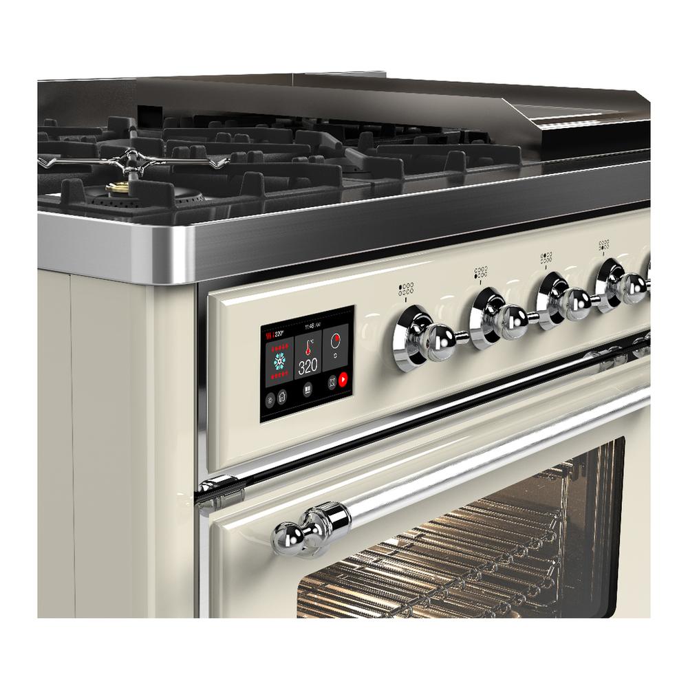 Ilve UM48FNR3AWCLP Ilve Um48Fnr3Awclp Majestic Iii 48 Inch Dual Fuel Range With 8 Burners And Griddle, Dual Function Burner Up To 25,000 Btu (Liquid Propane, Triple Glass Door, Antique White, Chrome)