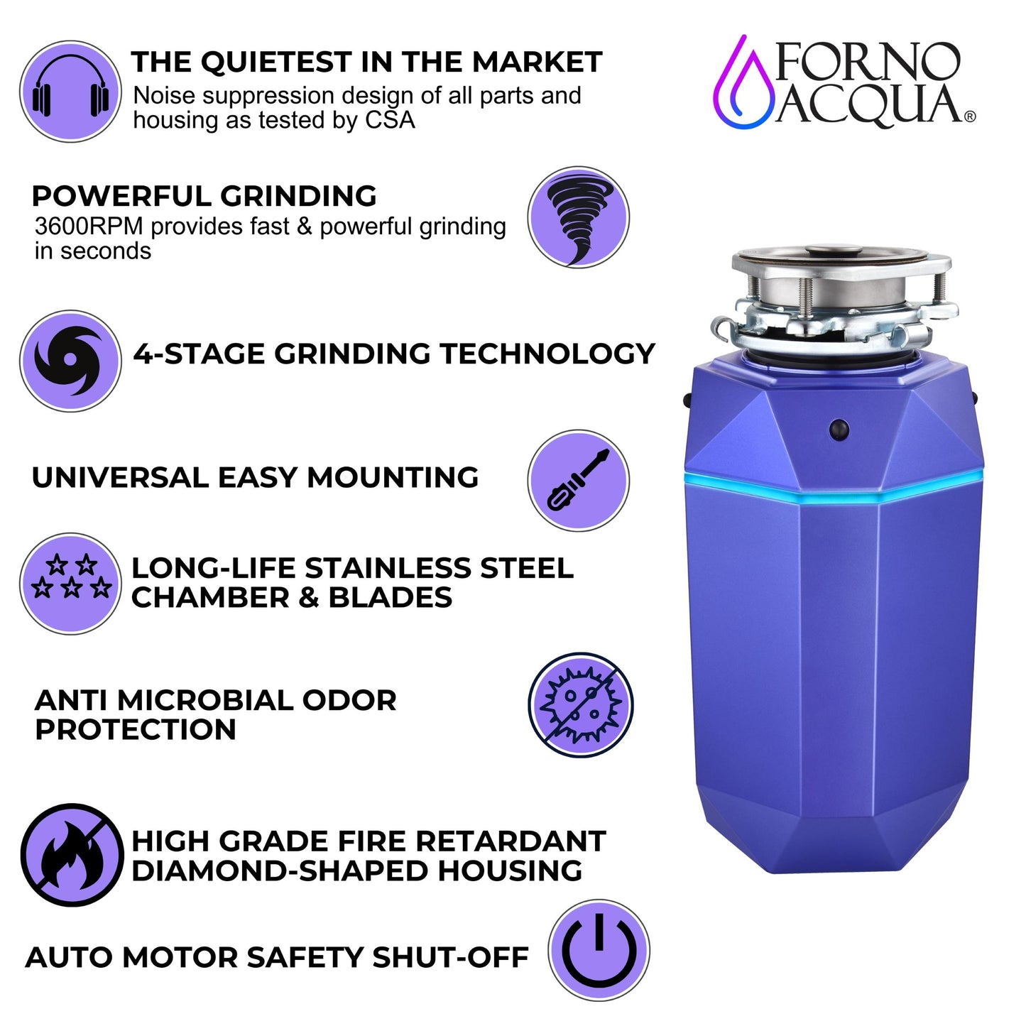 Forno WDD075TA1AM Forno Acqua Brightdiamond Amethyst 3/4Hp Super Quiet Garbage Disposal Corded With Motion Sensor Cabinet Light & Pre-Wired Air Switch