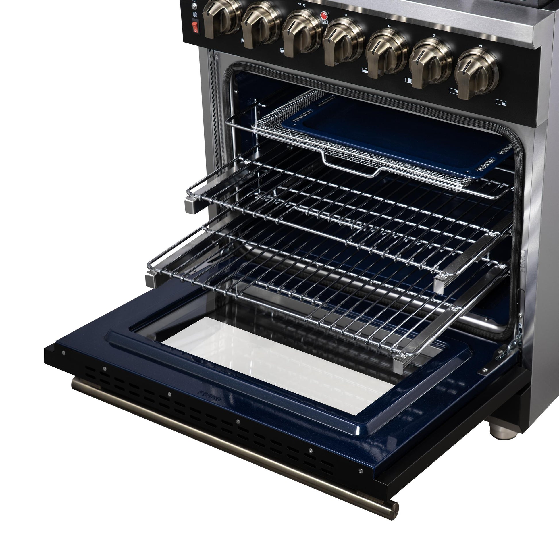 Forno FFSGS612530BLK Forno Massimo 30-Inch Freestanding Dual Fuel Range In Black With Antique Brass Accessories, 4 Burners, 4.32 Cu. Ft. Convection Oven