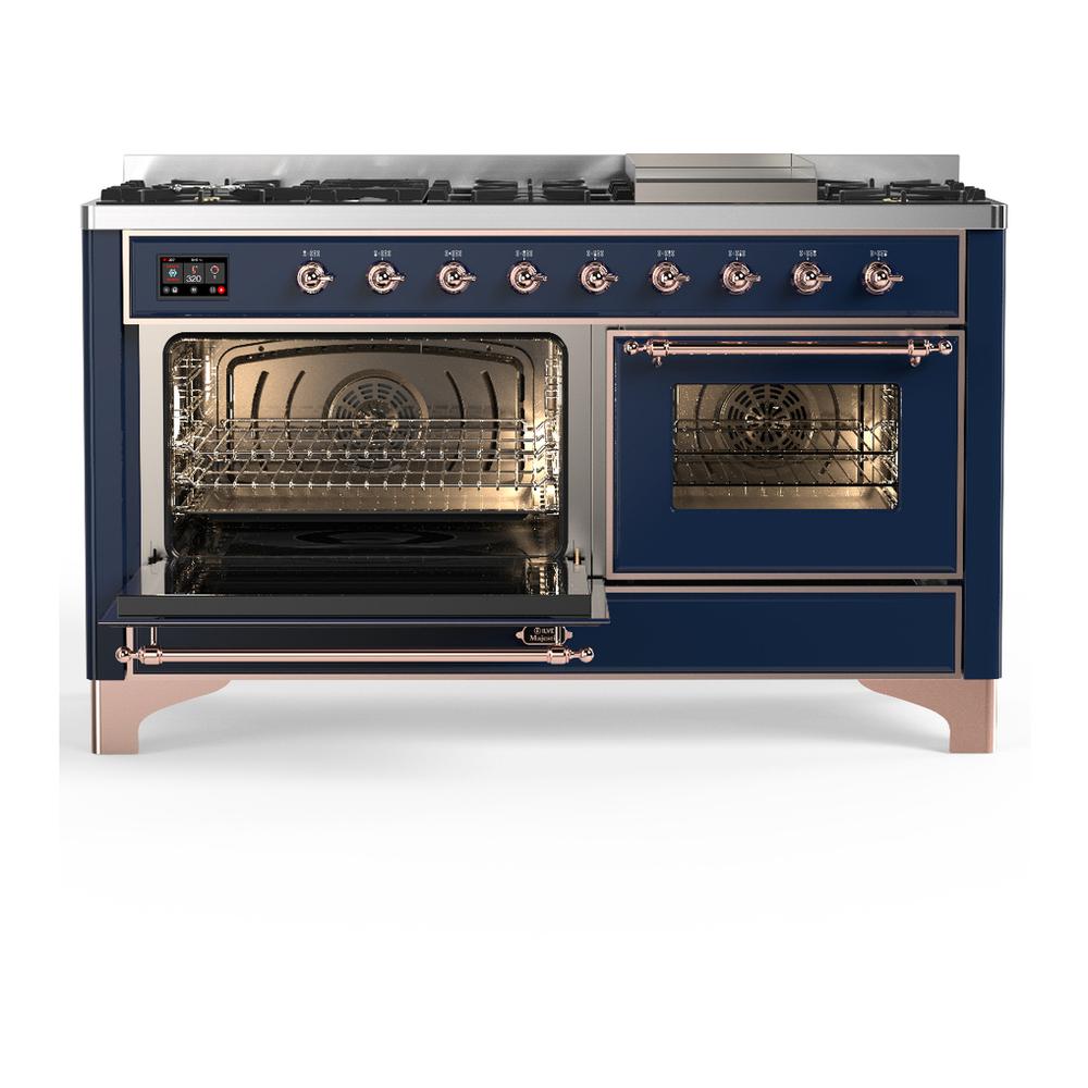 Ilve UM60FNR3MBPLP Ilve Um60Fnr3Mbplp Majestic Iii 60 Inch Dual Fuel Range With 9 Burners And Griddle, Dual Function Burner Up To 25,000 Btu (Liquid Propane, Triple Glass Door, Midnight Blue, Copper)