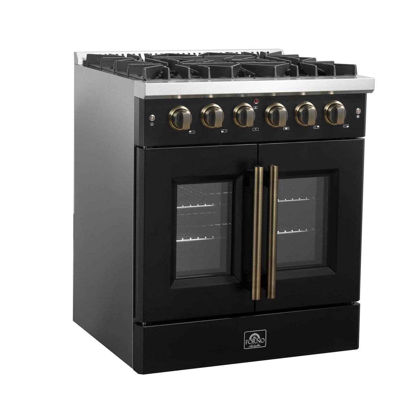 Forno FFSGS644430BLK Forno Galiano 30-Inch French Door Gas Range Black And Antique Brass Design, 5 Sealed Burners 68,000 Btu, 4.32 Cu.Ft. Convection Oven