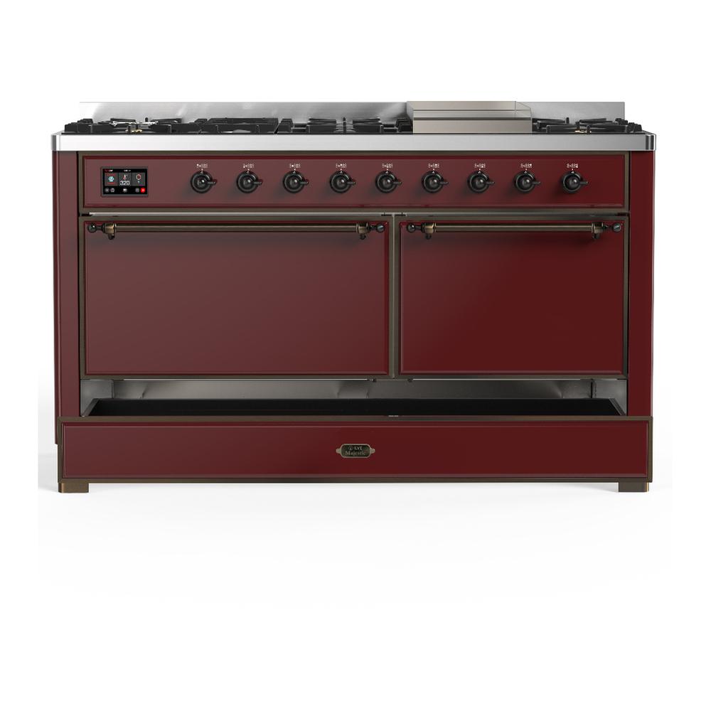 Ilve UM60FQNR3BUBLP Ilve Um60Fqnr3Bublp Majestic Iii 60 Inch Dual Fuel Range With 9 Burners And Griddle, Dual Function Burner Up To 25,000 Btu (Liquid Propane, Solid Door, Burgundy, Burnished)