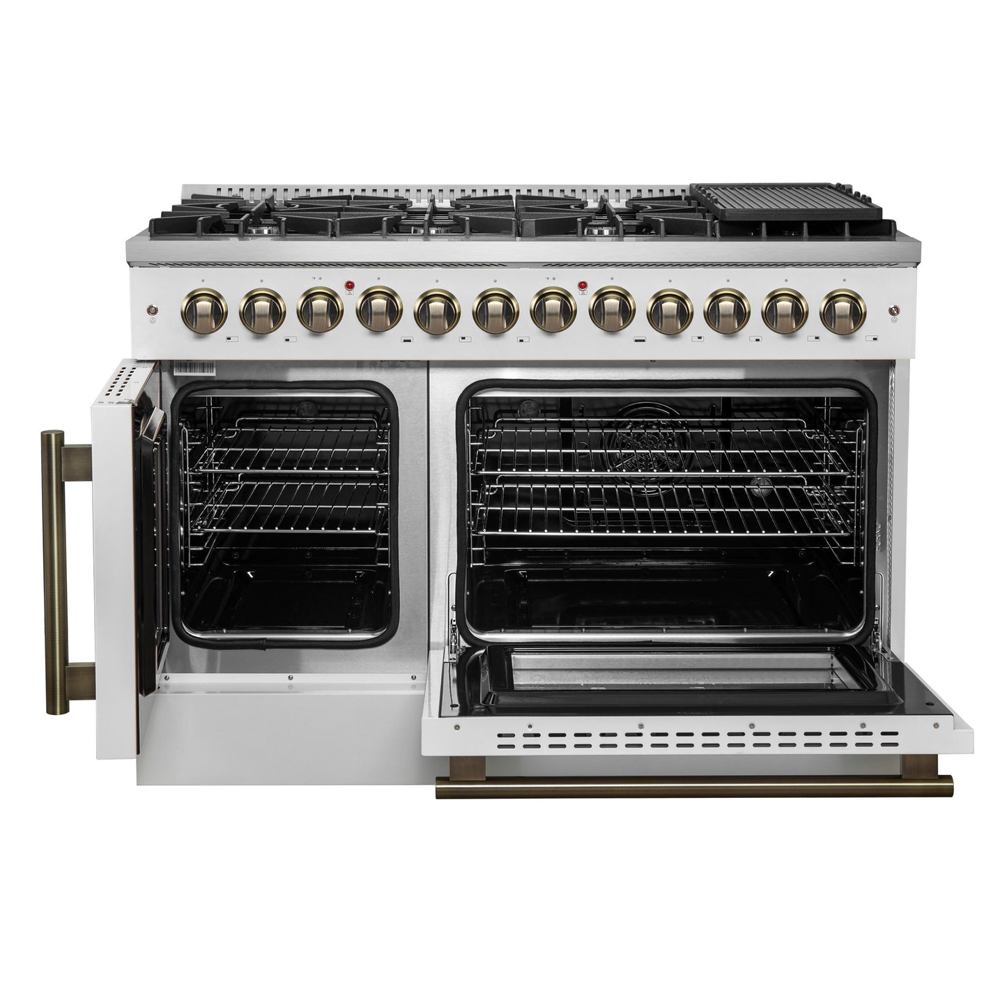 Forno FFSGS635648WHT Forno Galiano 48-Inch French Door Dual Fuel Range, White & Antique Brass Design, 8 Sealed Burners - 107,000 Btu, Griddle, 6.58 Cu.Ft. Double Ovens
