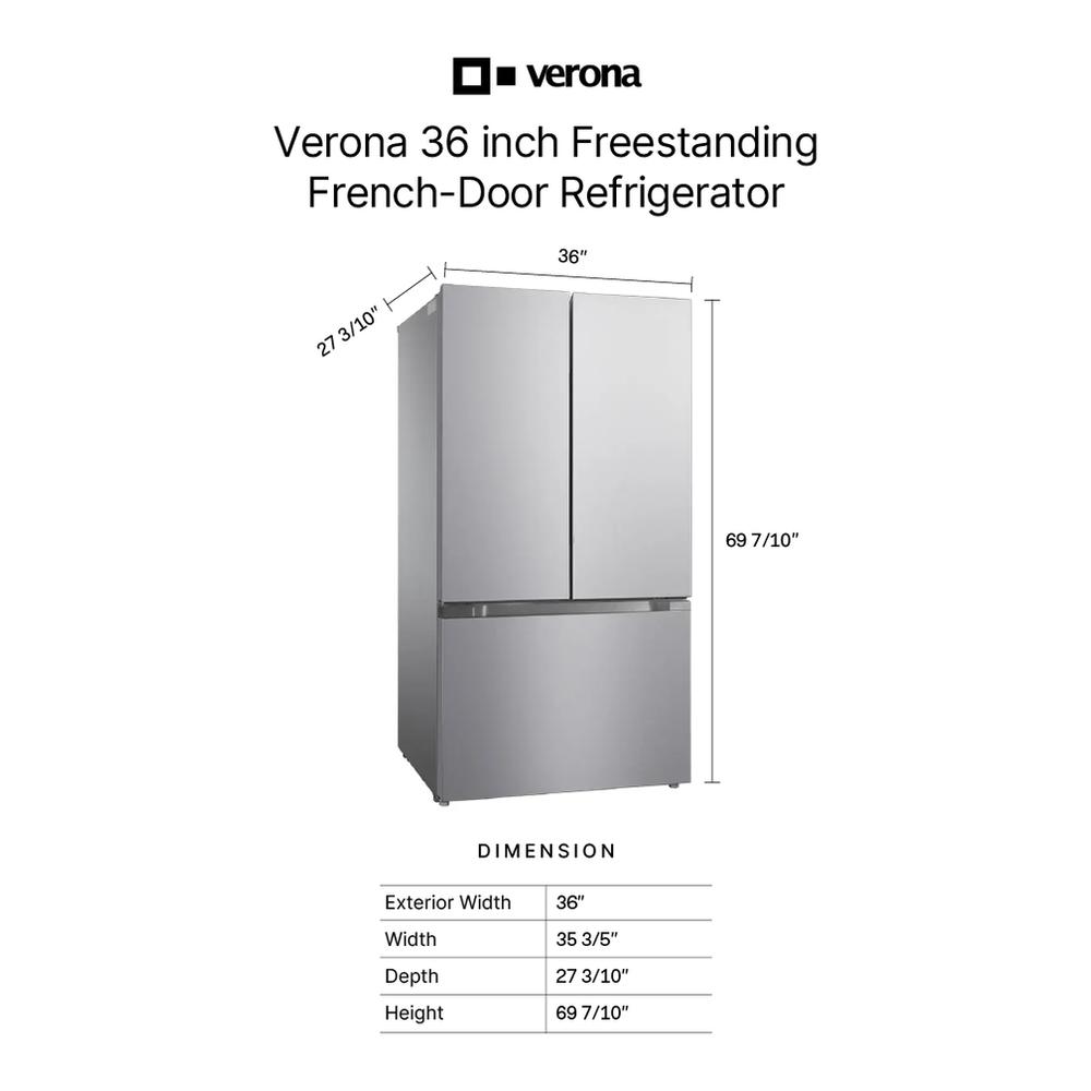 Verona VEBFD3620WIFS Verona Vebfd3620Wifs 36 Inch French Door Counter-Depth Refrigerator With 20.2 Cu. Ft. Total Capacity, Internal Water Dispenser, Automatic Ice Maker In Stainless Steel