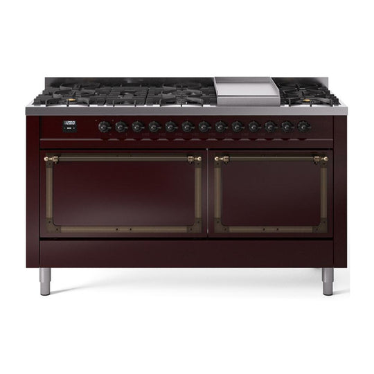 Ilve UN60FQNMPBUB Ilve Un60Fqnmpbub Nostalgie Ii Noblesse 60" Dual Fuel Range (9 Sealed Burners + Griddle, Natural Gas, Solid Door, Burgundy, Burnished)
