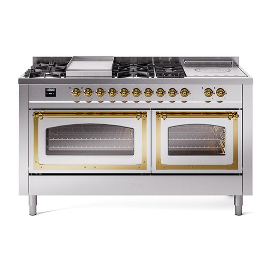 Ilve UN60FSNMPSSGLP Ilve Un60Fsnmpssglp Nostalgie Ii Noblesse 60" Dual Fuel Range (7 Sealed Burners + Griddle + French Top, Liquid Propane, Triple Glass Door, Stainless Steel, Brass)