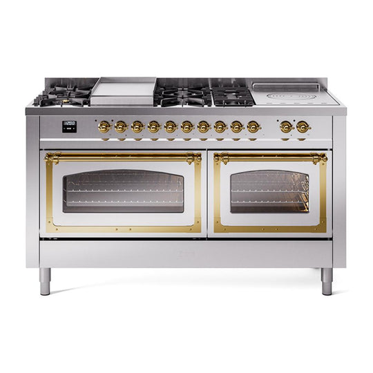 Ilve UN60FSNMPSSGLP Ilve Un60Fsnmpssglp Nostalgie Ii Noblesse 60" Dual Fuel Range (7 Sealed Burners + Griddle + French Top, Liquid Propane, Triple Glass Door, Stainless Steel, Brass)