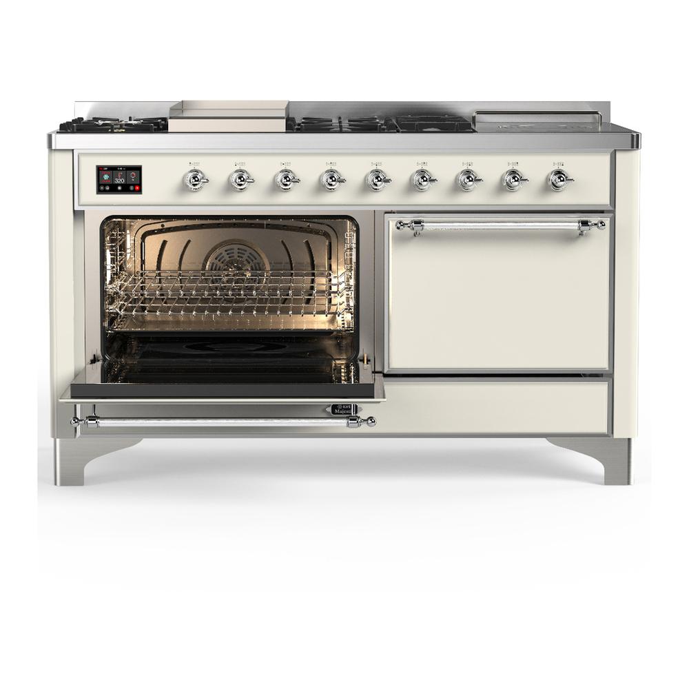 Ilve UM60FSQNR3AWC Ilve Um60Fsqnr3Awc Majestic Iii 60 Inch Dual Fuel Range With 7 Burners, Griddle And French Top, Dual Function Burner With Up To 25,000 Btu (Natural Gas, Solid Door, Antique White, Chrome)