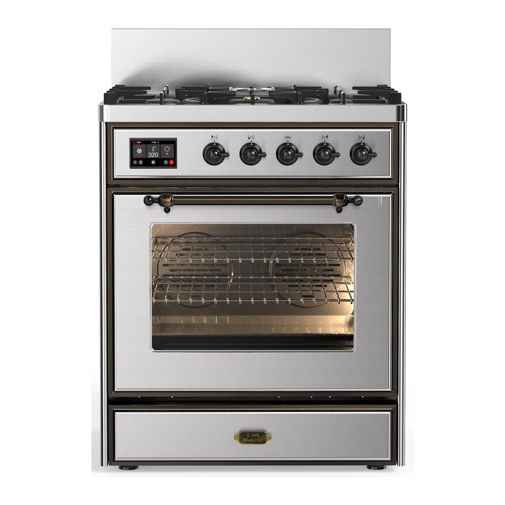 Ilve UM30NR3SSB Ilve Um30Nr3Ssb Majestic Iii 30 Inch Dual Fuel Range With 5 Black Brass Burners, Dual Function Burner Up To 25,000 Btu (Natural Gas, Triple Glass Door, Stainless Steel, Burnished)