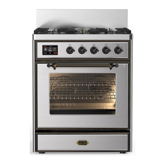 Ilve UM30NR3SSB Ilve Um30Nr3Ssb Majestic Iii 30 Inch Dual Fuel Range With 5 Black Brass Burners, Dual Function Burner Up To 25,000 Btu (Natural Gas, Triple Glass Door, Stainless Steel, Burnished)