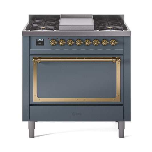 Ilve UN36FQNMPBGGLP Ilve Un36Fqnmpbgglp Nostalgie Ii Noblesse 36" Dual Fuel Range (Liquid Propane, Solid Door, Blue Grey, Brass)