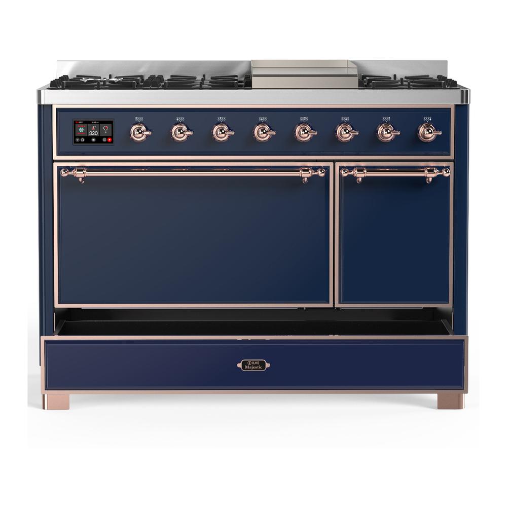 Ilve UM48FQNR3MBP Ilve Um48Fqnr3Mbp Majestic Iii 48 Inch Dual Fuel Range With 8 Burners And Griddle, Dual Function Burner Up To 25,000 Btu (Natural Gas, Solid Door, Midnight Blue, Copper)