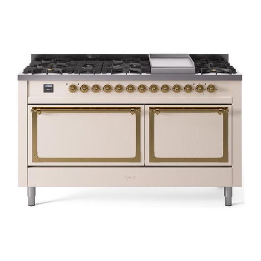 Ilve UN60FQNMPAWGLP Ilve Un60Fqnmpawglp Nostalgie Ii Noblesse 60" Dual Fuel Range (9 Sealed Burners + Griddle, Liquid Propane, Solid Door, Antique White, Brass)