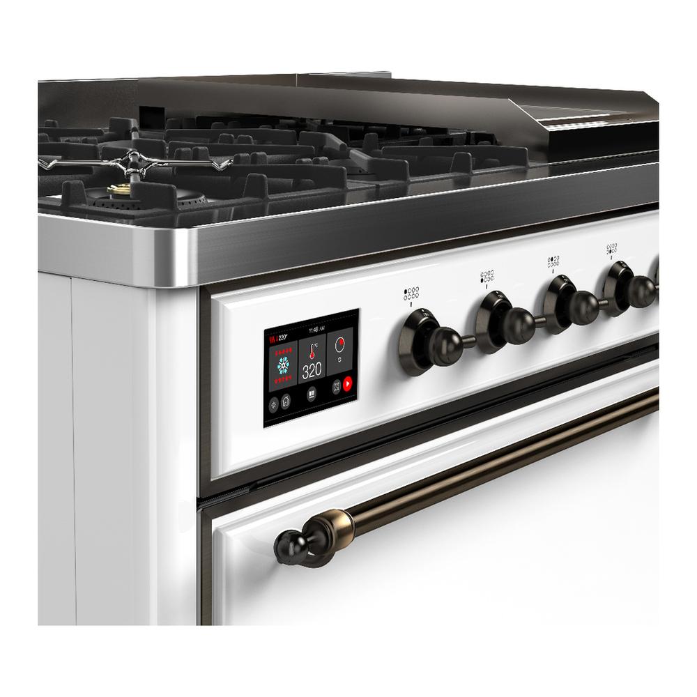 Ilve UM48FQNR3WHBLP Ilve Um48Fqnr3Whblp Majestic Iii 48 Inch Dual Fuel Range With 8 Burners And Griddle, Dual Function Burner Up To 25,000 Btu (Liquid Propane, Solid Door, White, Burnished)