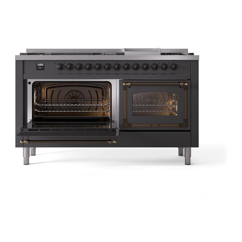 Ilve UN60FNMPMGBLP Ilve Un60Fnmpmgblp Nostalgie Ii Noblesse 60" Dual Fuel Range (9 Sealed Burners + Griddle, Liquid Propane, Triple Glass Door, Graphite Matte, Burnished)
