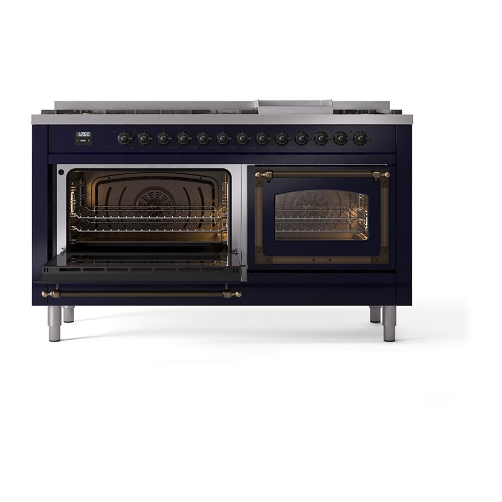 Ilve UN60FNMPMBBLP Ilve Un60Fnmpmbblp Nostalgie Ii Noblesse 60" Dual Fuel Range (9 Sealed Burners + Griddle, Liquid Propane, Triple Glass Door, Midnight Blue, Burnished)