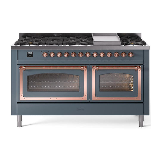 Ilve UN60FNMPBGPLP Ilve Un60Fnmpbgplp Nostalgie Ii Noblesse 60" Dual Fuel Range (9 Sealed Burners + Griddle, Liquid Propane, Triple Glass Door, Blue Grey, Copper)
