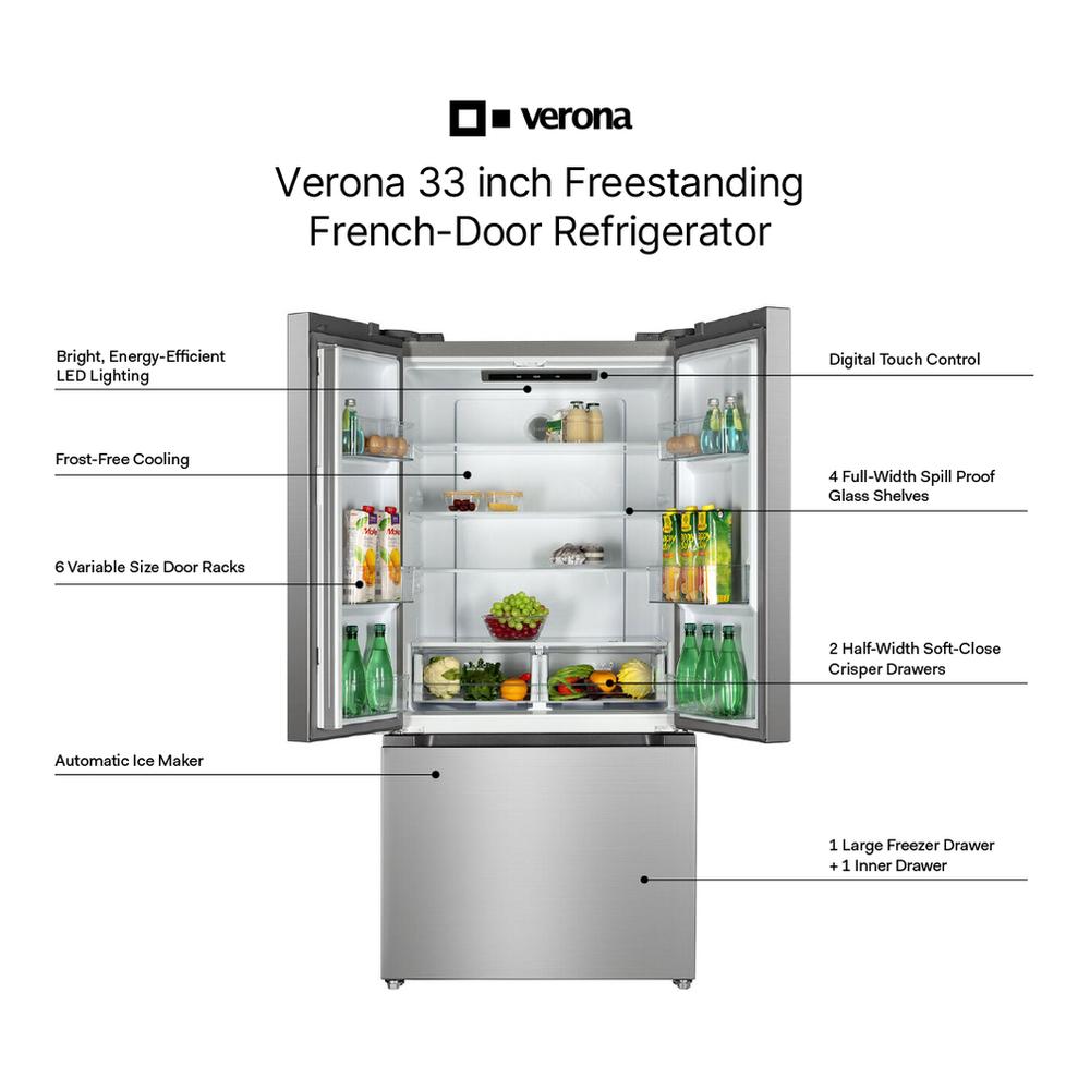 Verona VEFFD3316RISL Verona Veffd3316Risl 33 Inch Freestanding French Door Refrigerator With 16.5 Cu. Ft. Capacity, Automatic Ice Maker, Recessed Handle