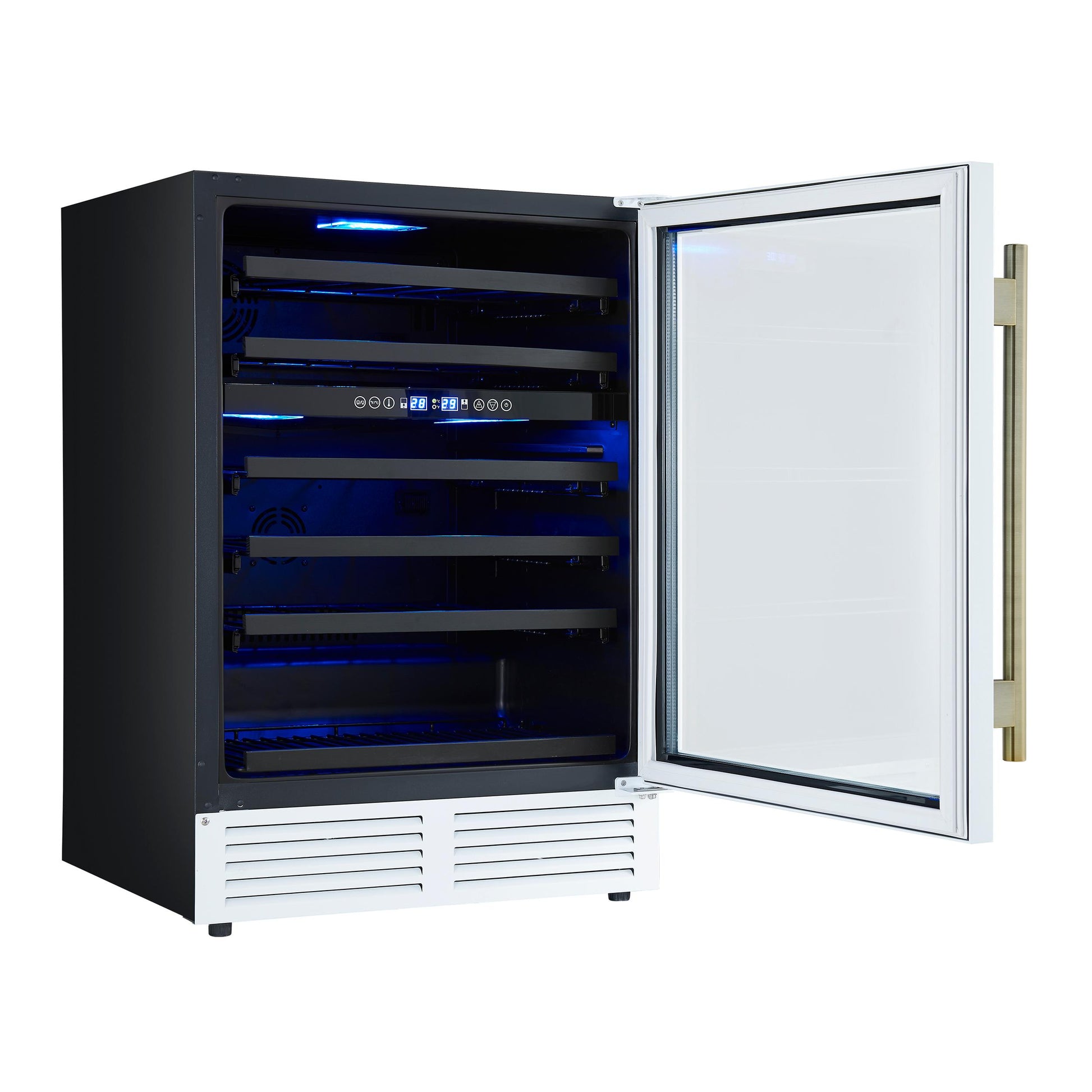 Forno FWCDR663424WHT Forno Bacchino 24 Inch Wine Cooler, White With Antique Brass Handles, With Led Lighting, Triple Glass Door, 51 Bottle Capacity, Built-In Or Freestanding