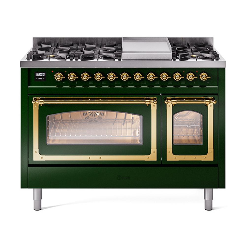 Ilve UN48FNMPEGGLP Ilve Un48Fnmpegglp Nostalgie Ii Noblesse 48" Dual Fuel Range (8 Sealed Burners + Griddle, Liquid Propane, Triple Glass Door, Emerald Green, Brass)