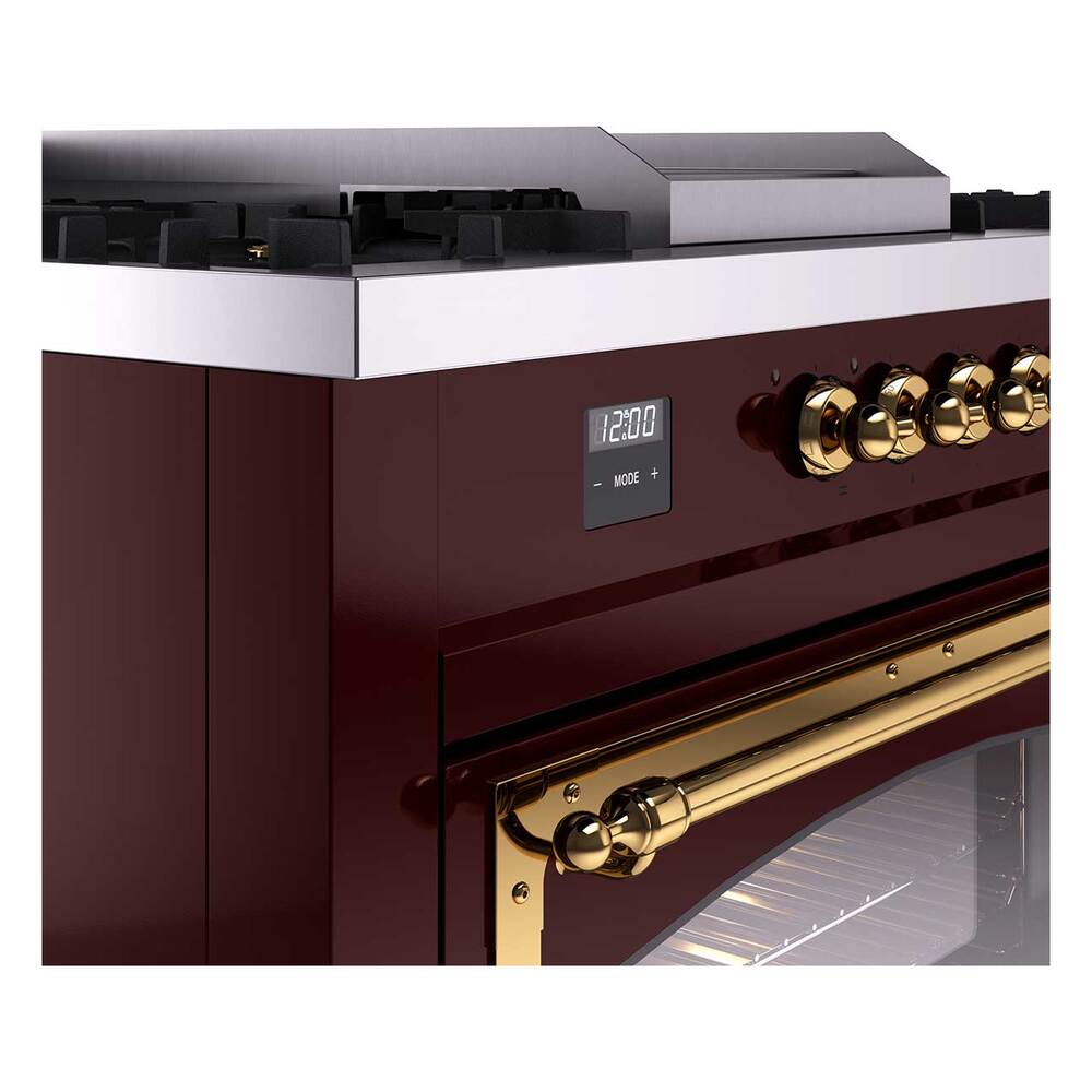 Ilve UN60FSNMPBUG Ilve Un60Fsnmpbug Nostalgie Ii Noblesse 60" Dual Fuel Range (7 Sealed Burners + Griddle + French Top, Natural Gas, Triple Glass Door, Burgundy, Brass)