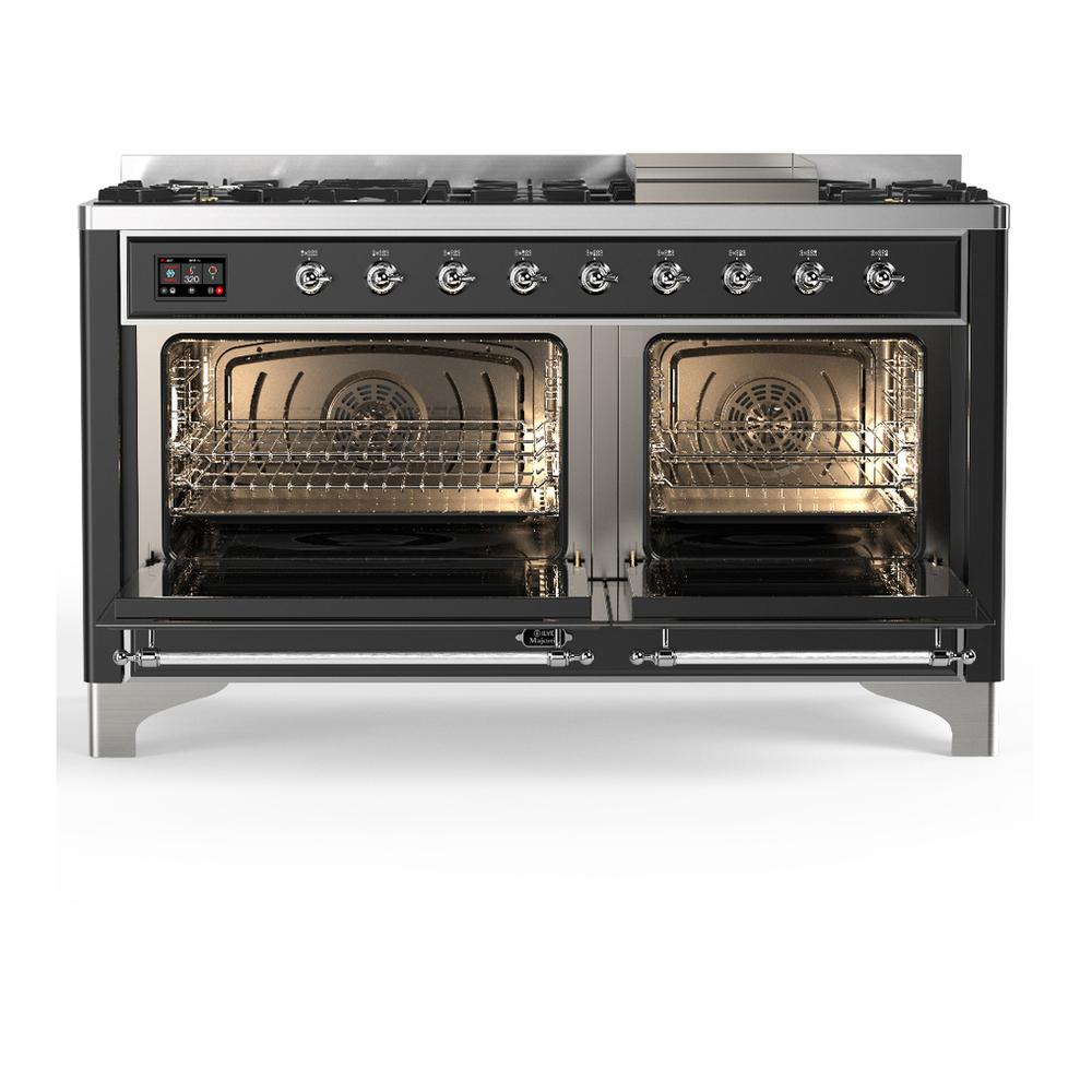 Ilve UM60FNR3MGC Ilve Um60Fnr3Mgc Majestic Iii 60 Inch Dual Fuel Range With 9 Burners And Griddle, Dual Function Burner Up To 25,000 Btu (Natural Gas, Triple Glass Door, Graphite Matte, Chrome)