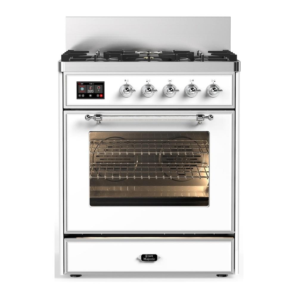 Ilve UM30NR3WHCLP Ilve Um30Nr3Whclp Majestic Iii 30 Inch Dual Fuel Range With 5 Black Brass Burners, Dual Function Burner Up To 25,000 Btu (Liquid Propane, Triple Glass Door, White, Chrome)