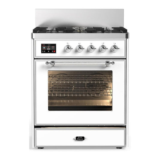 Ilve UM30NR3WHCLP Ilve Um30Nr3Whclp Majestic Iii 30 Inch Dual Fuel Range With 5 Black Brass Burners, Dual Function Burner Up To 25,000 Btu (Liquid Propane, Triple Glass Door, White, Chrome)