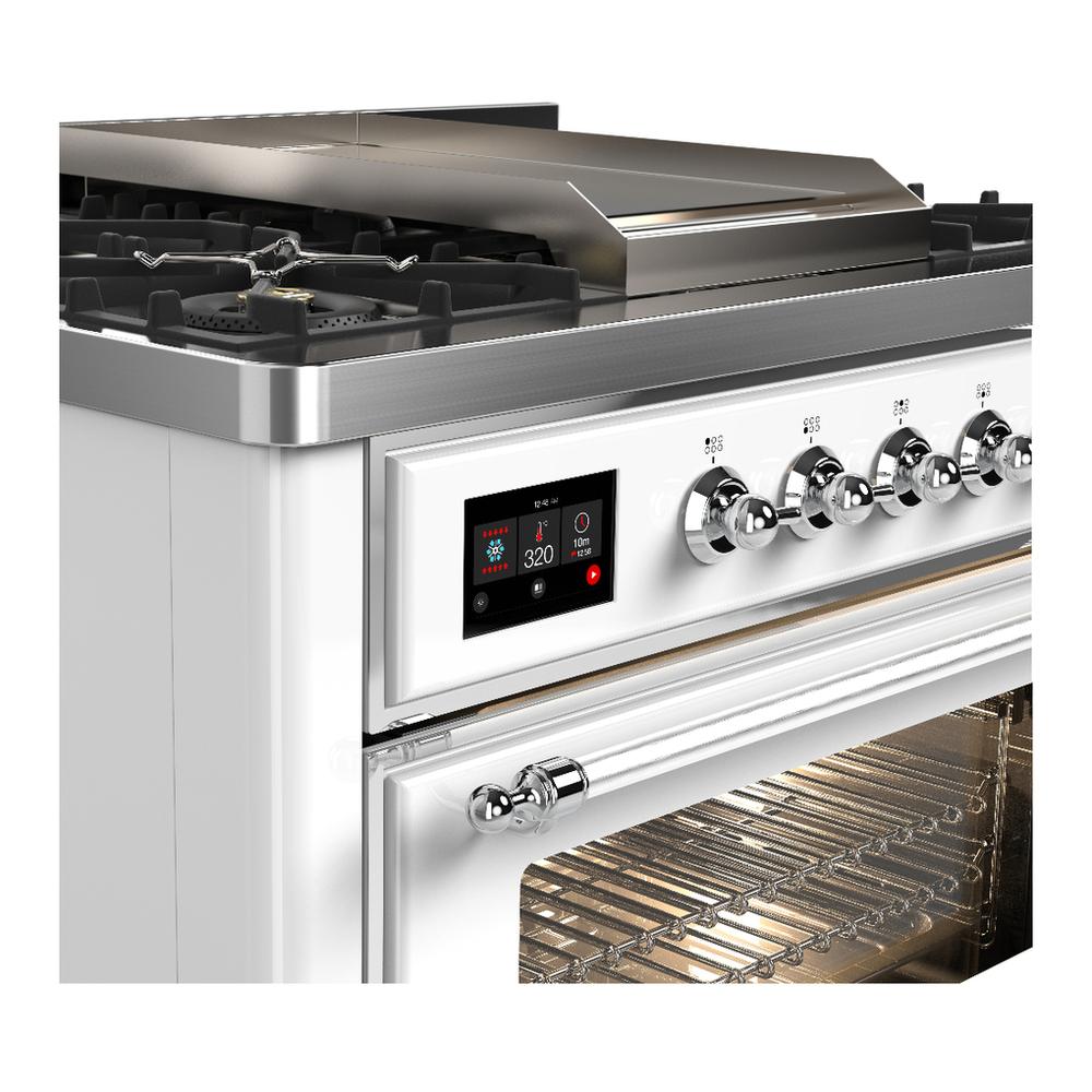 Ilve UM36FNR3WHCLP Ilve Um36Fnr3Whclp Majestic Iii 36 Inch Dual Fuel Range With 6 Black Brass Burners And Griddle, Dual Function Burner Up To 25,000 Btu (Triple Glass Door, White, Chrome, Liquid Propane)