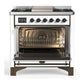 Ilve UM36FNR3WHB Ilve Um36Fnr3Whb Majestic Iii 36 Inch Dual Fuel Range With 6 Black Brass Burners And Griddle, Dual Function Burner Up To 25,000 Btu (Triple Glass Door, White, Burnished, Natural Gas)