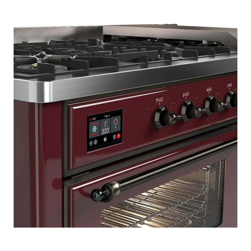 Ilve UM60FNR3BUB Ilve Um60Fnr3Bub Majestic Iii 60 Inch Dual Fuel Range With 9 Burners And Griddle, Dual Function Burner Up To 25,000 Btu (Natural Gas, Triple Glass Door, Burgundy, Burnished)