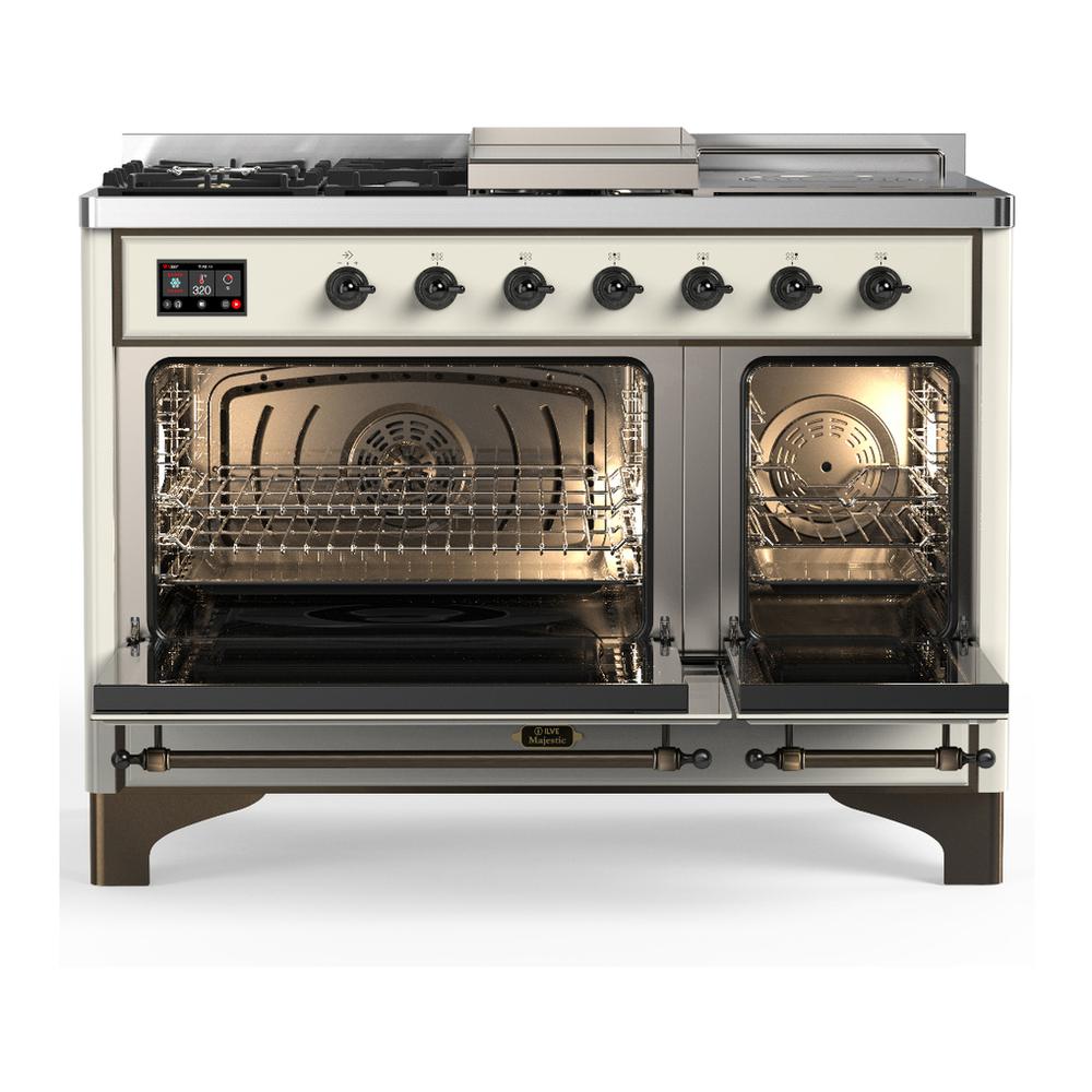 Ilve UM48FSNR3AWB Ilve Um48Fsnr3Awb Majestic Iii 48 Inch Dual Fuel Range With 5 Black Brass Burners, Griddle And French Top, Dual Function Burner Up To 25,000 Btu (Natural Gas, Triple Glass Door, Antique White, Burnished)