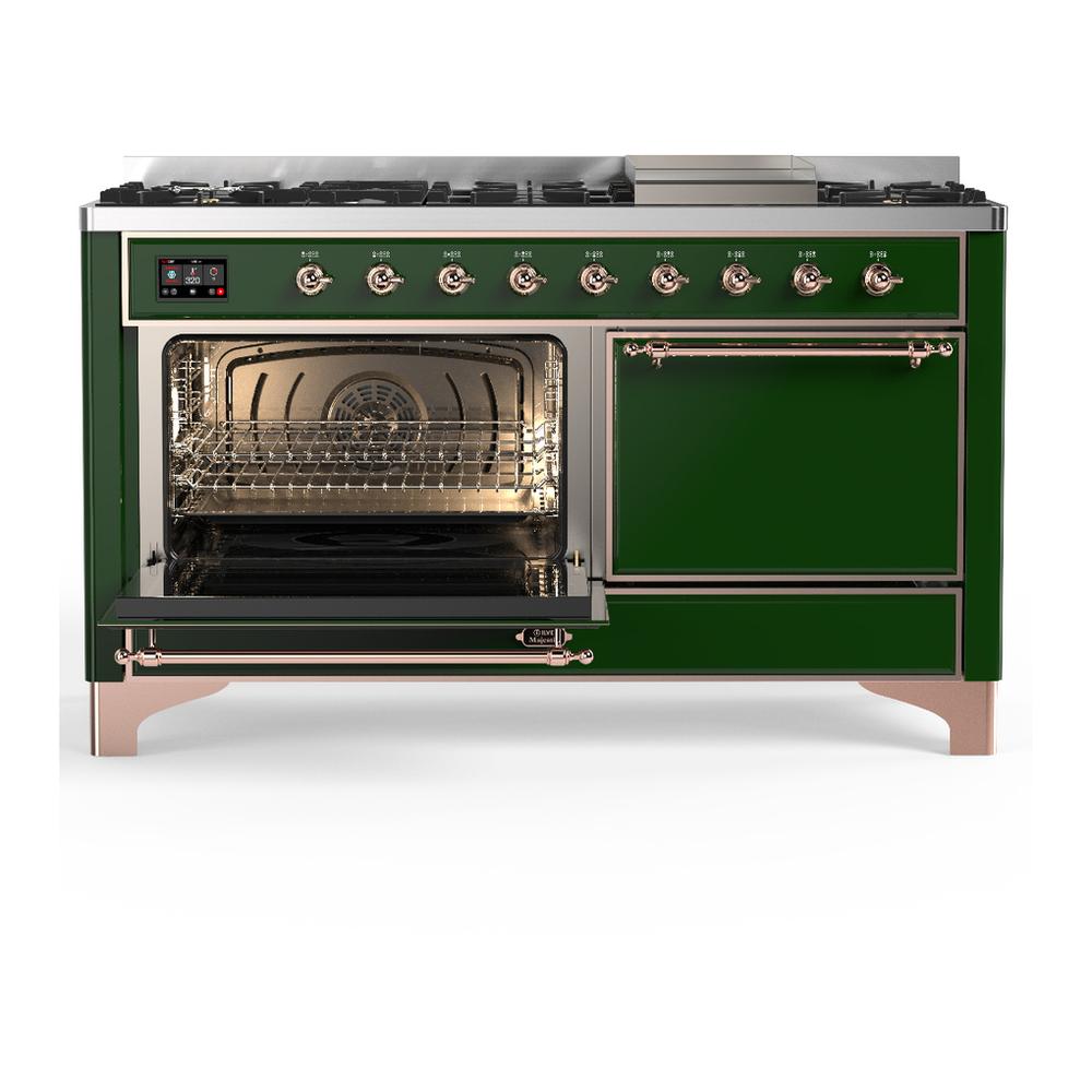 Ilve UM60FQNR3EGPLP Ilve Um60Fqnr3Egplp Majestic Iii 60 Inch Dual Fuel Range With 9 Burners And Griddle, Dual Function Burner Up To 25,000 Btu (Liquid Propane, Solid Door, Emerald Green, Copper)