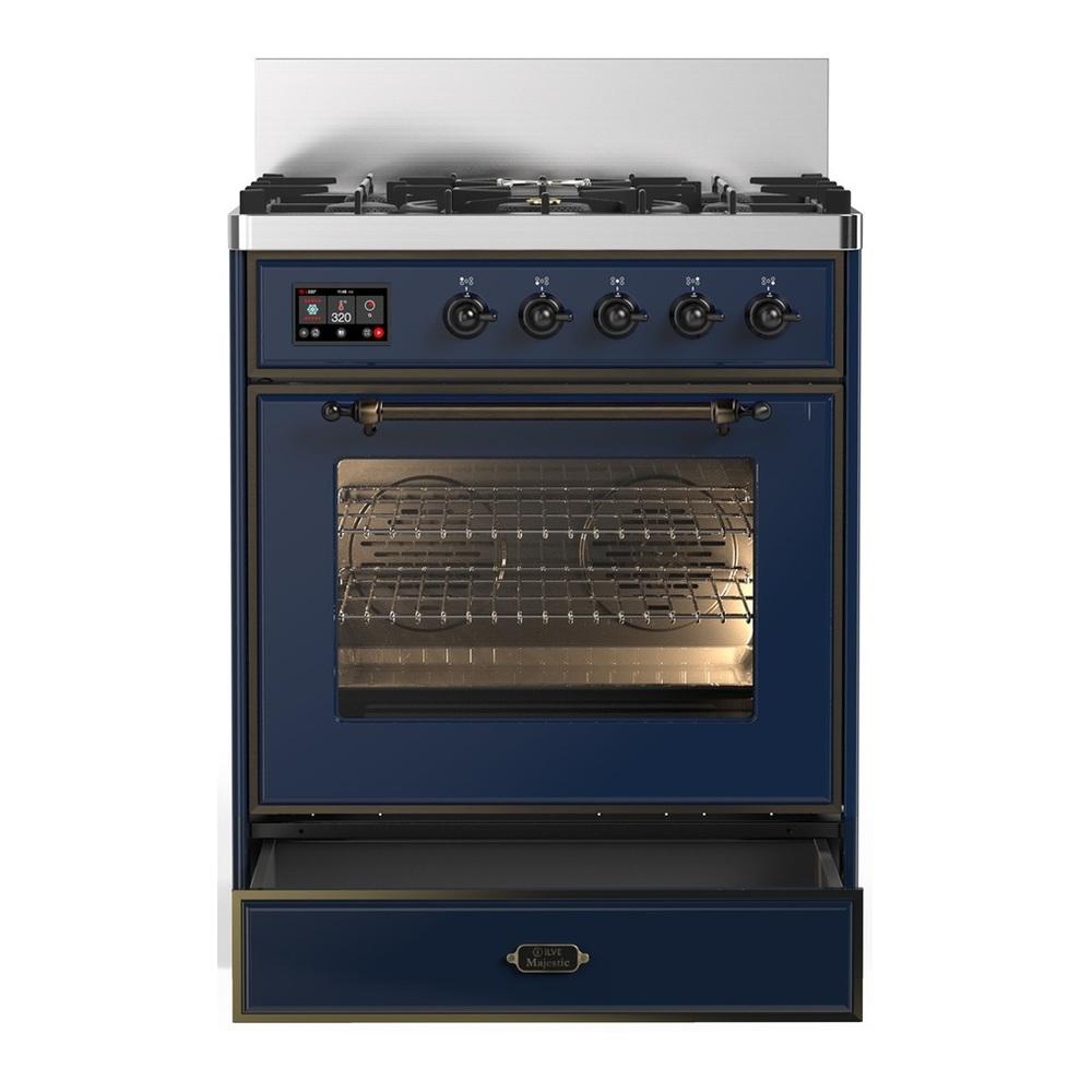 Ilve UM30NR3MBBLP Ilve Um30Nr3Mbblp Majestic Iii 30 Inch Dual Fuel Range With 5 Black Brass Burners, Dual Function Burner Up To 25,000 Btu (Liquid Propane, Triple Glass Door, Midnight Blue, Burnished)