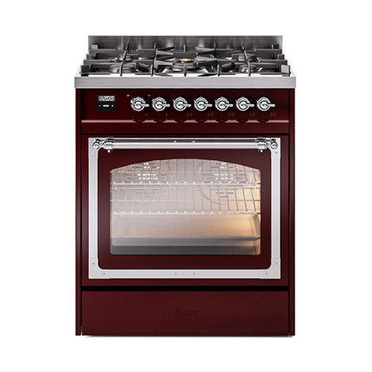 Ilve UN30NMPBUC Ilve Un30Nmpbuc Nostalgie Ii Noblesse 30" Dual Fuel Range (Natural Gas, Triple Glass Door, Burgundy, Chrome)