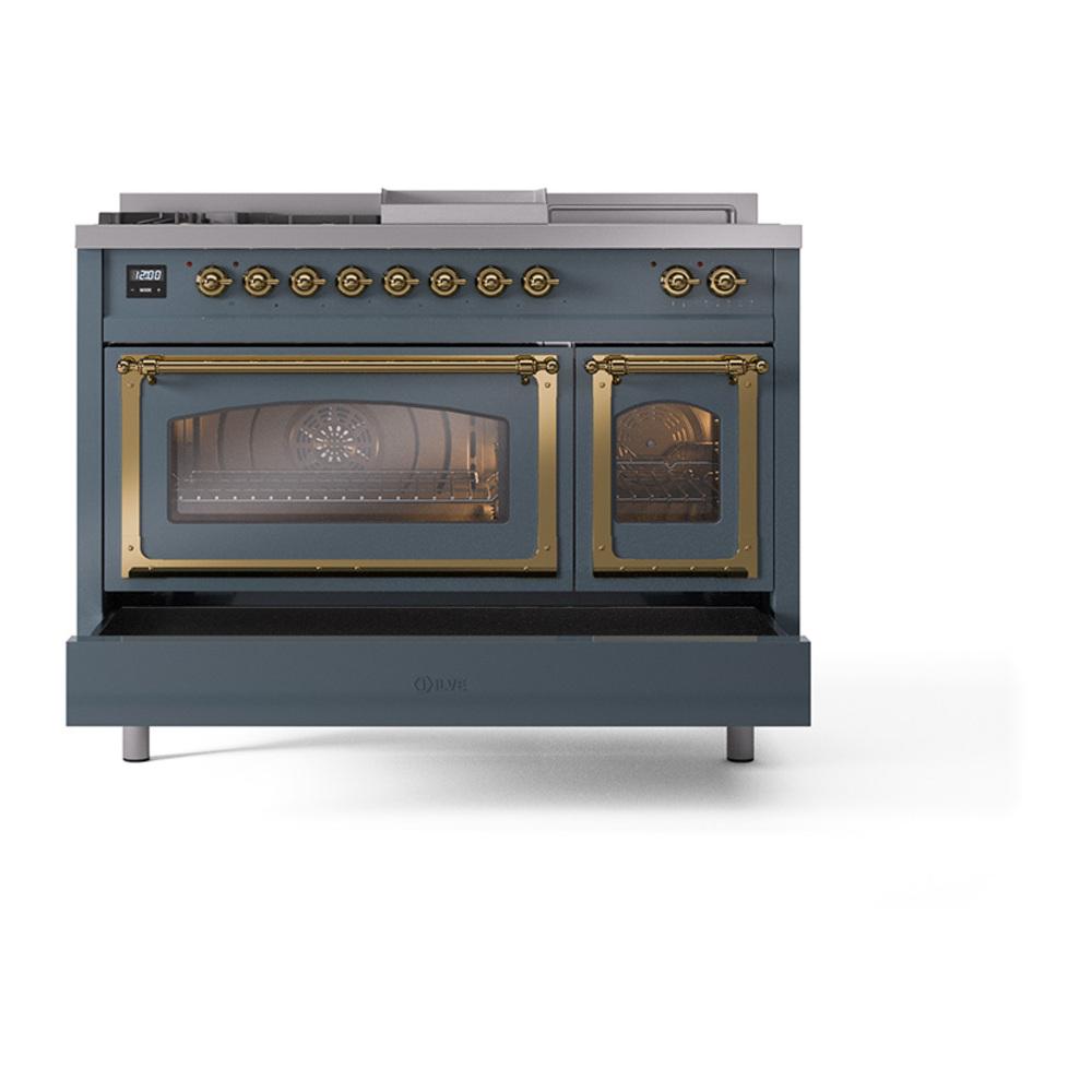 Ilve UN48FSNMPBGG Ilve Un48Fsnmpbgg Nostalgie Ii Noblesse 48" Dual Fuel Range (5 Sealed Burners + Griddle + French Top, Natural Gas, Triple Glass Door, Blue Grey, Brass)