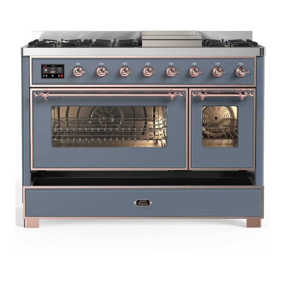 Ilve UM48FNR3BGPLP Ilve Um48Fnr3Bgplp Majestic Iii 48 Inch Dual Fuel Range With 8 Burners And Griddle, Dual Function Burner Up To 25,000 Btu (Liquid Propane, Triple Glass Door, Blue Grey, Copper)