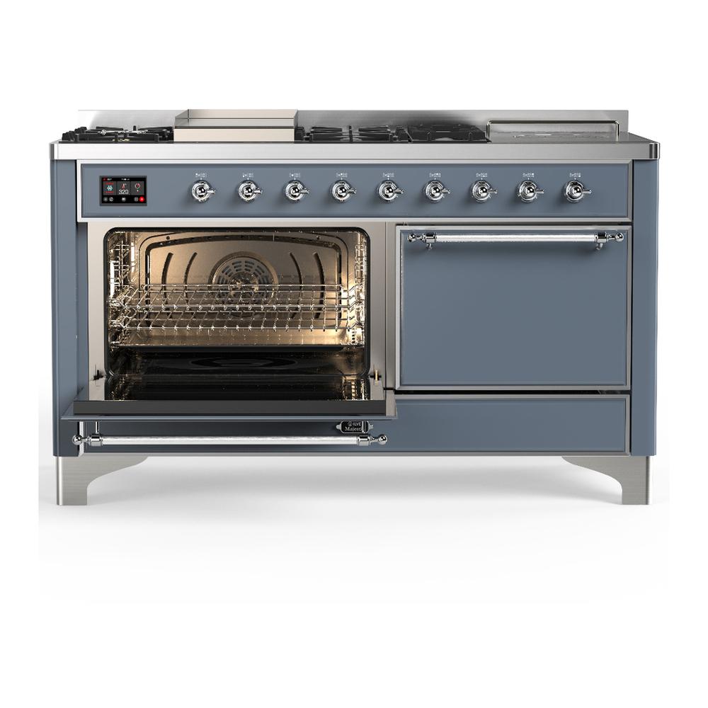 Ilve UM60FSQNR3BGCLP Ilve Um60Fsqnr3Bgclp Majestic Iii 60 Inch Dual Fuel Range With 7 Burners, Griddle And French Top, Dual Function Burner With Up To 25,000 Btu (Liquid Propane, Solid Door, Blue Grey, Chrome)